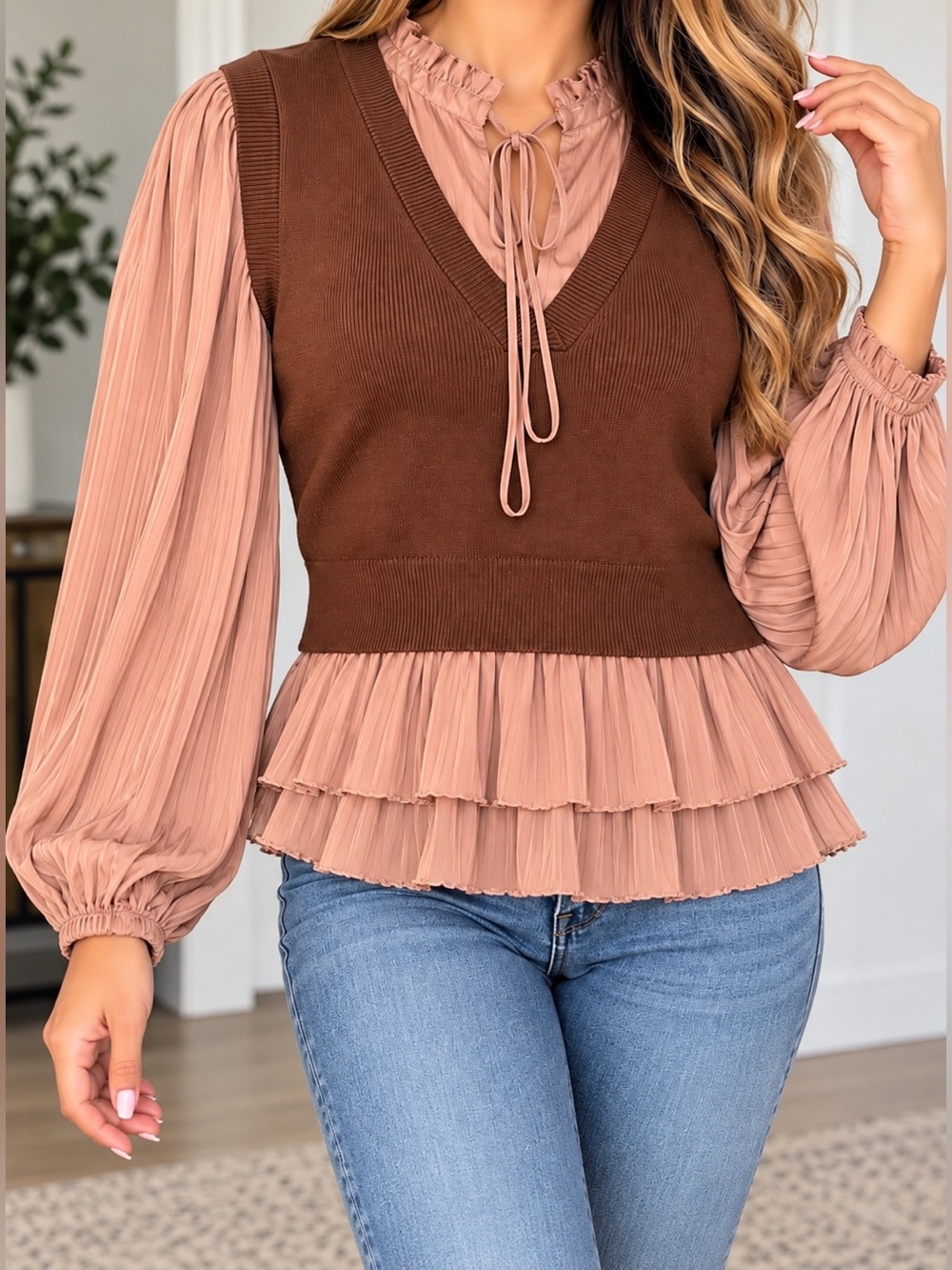 Current Air Los Angeles Pleated Layered Sweater Vest Blouse